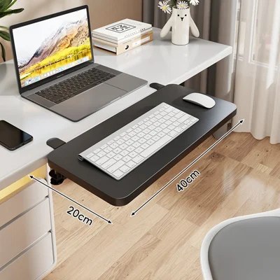 40x20cm Foldable Desk Extension Keyboard Tray Iron+Fiberboard Clamp-on Under Desk Shelf Keyboard Rack for Office Home - Black