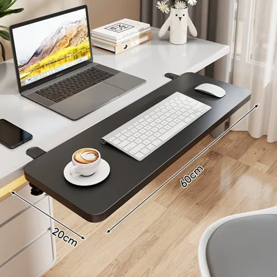 60x20cm Foldable Desk Extension Keyboard Tray Iron+Fiberboard Clamp-on Under Desk Shelf Keyboard Rack for Office Home - Black