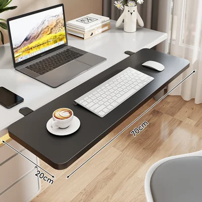 70x20cm Foldable Desk Extension Keyboard Tray Iron+Fiberboard Clamp-on Under Desk Shelf Keyboard Rack for Office Home - Black