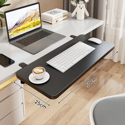 50x25cm Foldable Desk Extension Keyboard Tray Iron+Fiberboard Clamp-on Under Desk Shelf Keyboard Rack for Office Home - Black
