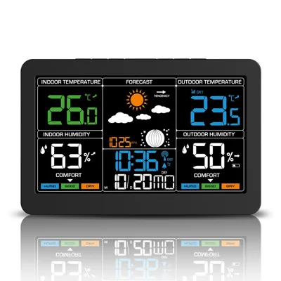 Horloge météo à grand écran couleur RF horloge numérique sans fil avec alarme et thermomètre hygromètre 4 niveaux de prévisions météo