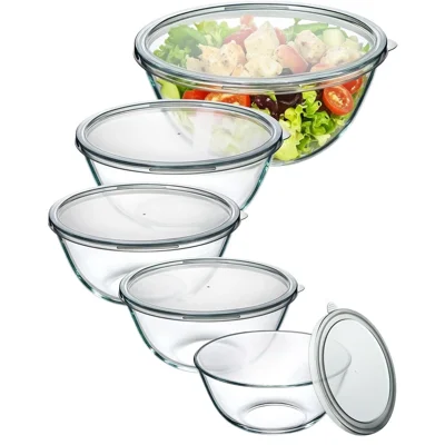 Conjunto de 5 Tigelas de Vidro com Tampa 1000ml+1500ml+2100ml+2700ml+4450ml, Recipientes para Forno e Micro-ondas, Armazenamento de Alimentos para Cozedura na Cozinha (Sem BPA, Sem FDA)