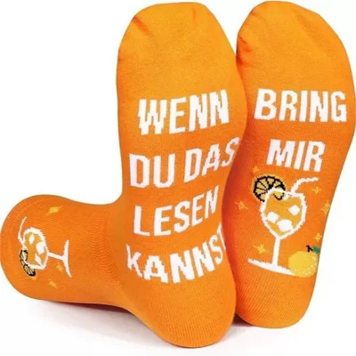 1 Pair Cotton Crew Socks Orange Aperol Spritz Pattern Print German Text Interactive Funny Socks for Gift