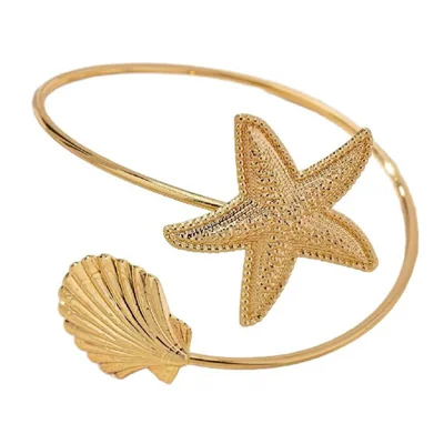 Ocean Theme Metal Starfish Shell Charm Upper Arm Cuff Bracelet Open Armlet Bangle for Women - Gold