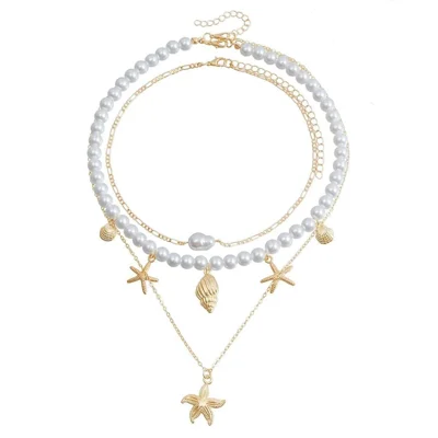 2Pcs / Set Ocean Theme Layered Necklace with Faux Pearl Starfish Shell Pendant for Women Summer Vacation Jewelry Gift - Gold