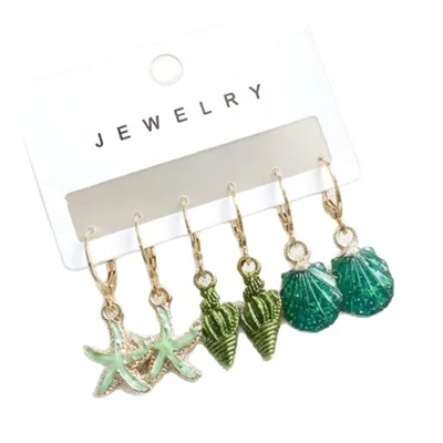 3 Pairs Enamel Starfish Conch Scallop Drop Earrings for Summer Vacation Huggie Hoop Dangle Earrings - ER26Y0099-4