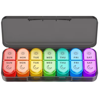 Boîte de Rangement pour Pilules 7 pièces, Organisateur Hebdomadaire Portable en 14 Compartiments (Testé FDA, Certifié FCM, Sans BPA) - Noir / Multicolore