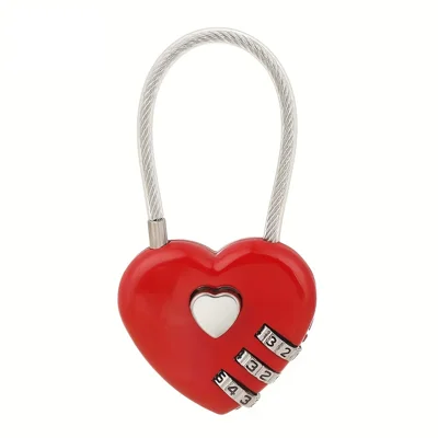 N708 Cadenas à câble en forme de cœur Serrure à combinaison à 3 chiffres Câble en acier Serrure à mot de passe Serrure à mot de passe pour bagages vélo - Rouge