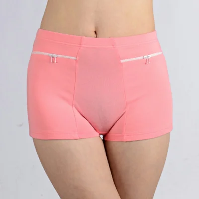 Women Cotton Safety Underwear High Waisted Non-magnetic Zipper Pocket Anti-theft Boxer Shorts - Pink / M