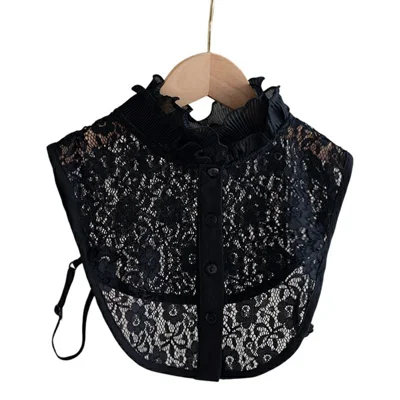 Detachable Lace Collar Stand Up Ruffle Collar Dickey Collar Front Button Half Shirt Fake Collar for Shirt Dress - Black