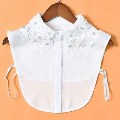 Detachable Lace Collar Pearl Beaded Fake Collar Dickey Collar Half Shirt Peter Pan Collar for Sweater Shirt - Chiffon / White