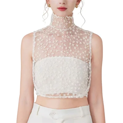 Lace Embroidered Fake Collar French High Neck Elegant Cotton Dickey Blouse Detachable Collar for Women - Beige