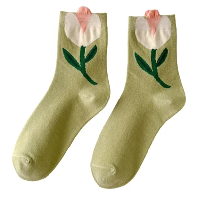 1 paire de chaussettes en coton pour femmes, motif floral 3D de tulipes, chaussettes courtes mignonnes, douces, à la mode japonaise - Vert