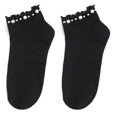 1 Par de Calcetines de Tobillo con Borlas y Cuentas de Imitación de Perla para Mujer, Mezcla de Algodón, Estilo Vintage, Informal, Color Negro