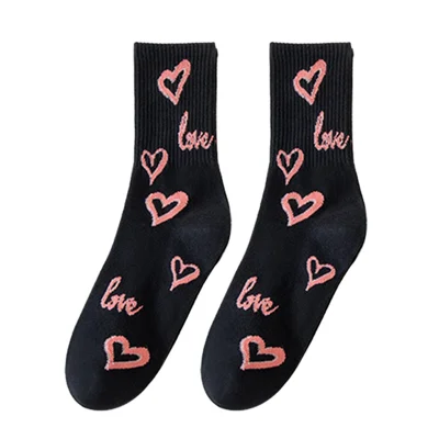 1 Par de Calcetines hasta la Pantorrilla para Mujer con Diseño de Corazón y Frase Love, Calcetines Informales de Mezcla de Algodón para Uso Diario - Negro