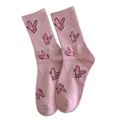 1 Par de Calcetines hasta la Pantorrilla con Diseño de Corazón, Calcetines de Moda de Mezcla de Algodón para Mujer, Lindos Calcetines Tipo Crew para Uso Diario - Rosa / Diseño de Corazón