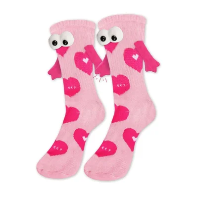 1 paire de chaussettes mi-mollet avec motif cœur d'amour et aimant, mélange de coton respirant, chaussettes crew mignonnes avec yeux 3D et ailes - rose clair