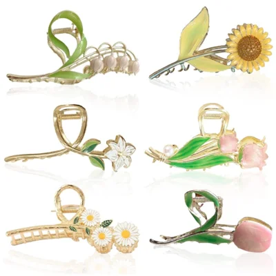 6Pcs Metal Flower Hair Claw Clips Set Enamel Painted Spring Claw Clips Hairwear for Updo Hairstyles