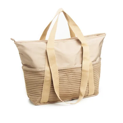 Bolsa de Praia Impermeável de Grande Capacidade, Bolsa de Viagem Portátil à Prova de Areia com Bolsos em Malha - Bege