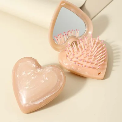 Foldable Heart-shaped Compact Comb with Mirror Marble Pattern Travel Size Beauty Tool Massage Comb for Hair Styling Makeup - Pink