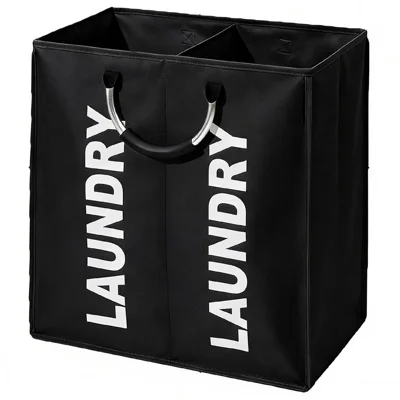Panier à linge en tissu Oxford 2 compartiments, sac avec structure en aluminium, grande capacité, pliable, - Noir