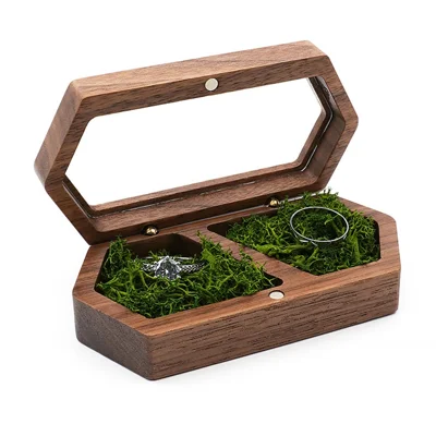 Hexagon Shaped Wooden Ring Storage Box Mini Portable Travel Transparent Display Jewelry Storage Case - RB517-C4  /  Green