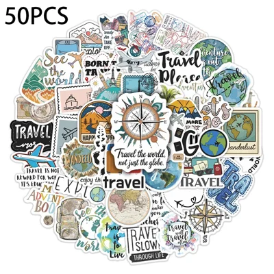 50Pcs Travel Cartoon Stickers Waterproof PVC Decorative Decals for Luggage Laptop Phone Case Notebook Scrapbooking