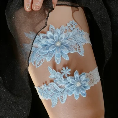 2-teiliges elastisches Beinband mit Kunstperle, Spitzenhochzeitsstrumpfband mit 3D-Blumenstickerei für Braut - Blau