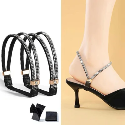 High Heel Shoe Straps Set No Install Elastic Anti-slip Ankle Bands Kit for Sandals Pumps - Black / Rhinestone