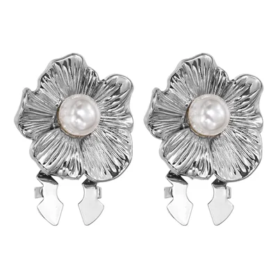 2Pcs Metal Floral Pearl Cufflinks Clip-On Shirt Sleeve Buttons for Shirt Cardigan - Silver