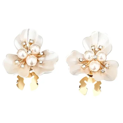 2Pcs Faux Pearl Flower Shirt Collar Clips Cufflinks Rhinestone Decoration Brooch Button for Dress Blouse - White