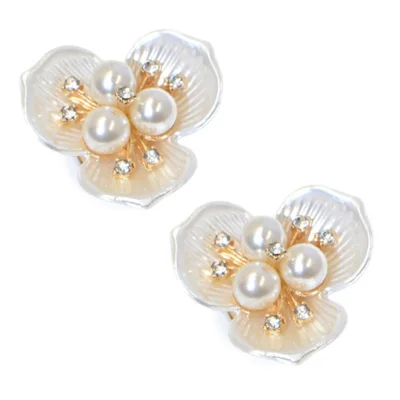 2Pcs Floral Cufflinks Faux Pearl Crystal Button Covers Clip-On Shirt Sleeve Cuff Links for Business Wedding - White
