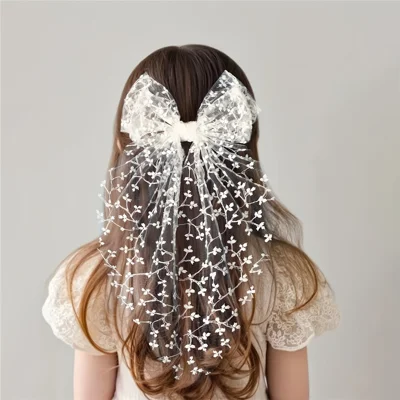 White Lace Hair Clip Bow Mesh Veil Wedding Bridal Hair Accessories with Embroidered Flowers for Party