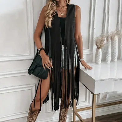 Donna in ecopelle con frange stile western aperta davanti senza maniche lunga a tasselli - Nero / S