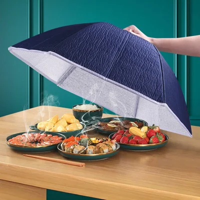 70cm Thickened Aluminum Foil Food Cover Foldable Insulated Umbrella Dome for Kitchen Table - Blue