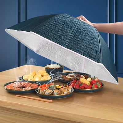 60cm Thickened Aluminum Foil Food Cover Foldable Insulated Umbrella Dome for Kitchen Table - Blackish Green