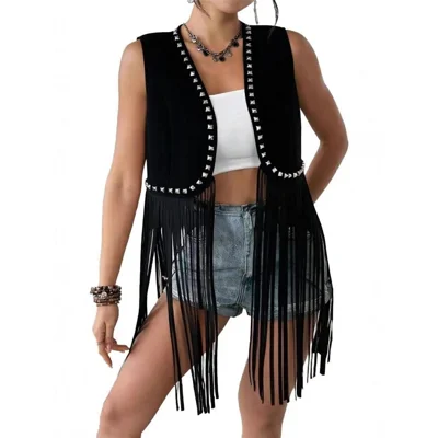 Gilet con Frange in Stile Western Cardigan senza Maniche con Rivetti Giacca Hippie in Stile Retrò per Festival Feste - Nero / S