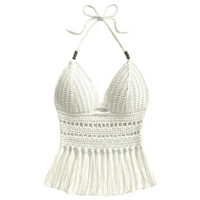 Durchgehende V-Ausschnitt-Strickweste ohne Ärmel, Cropped Top mit Häkeldesign und Quasten für den Sommerstrand - Weiß / S