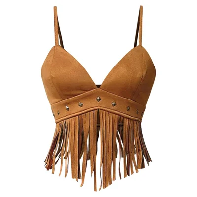 Women Y2K Fringe Sleeveless Spaghetti Strap Rivet Cropped Tank Top Faux Suede Vintage Hippie Style Crop Top - Brown / S