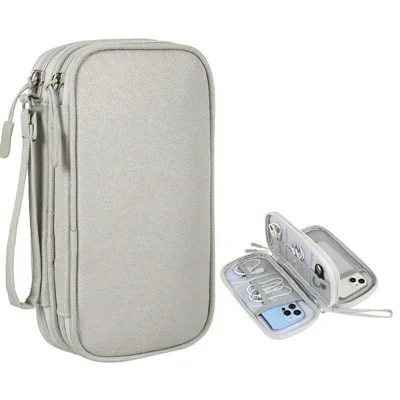 Double Layer Data Cable Organizer Bag for Travel Portable Storage Pouch Anti-scratch Waterproof Electronics Accessories Case - Grey