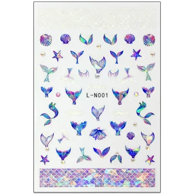 10.5x7سم ملصقات فنية للأظافر بتصميم عالم المحيط، تأثيرات الهولوغرام وذيل حورية البحر، صدف، كائنات بحرية مقاومة للماء - L-N001