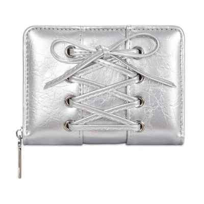 Mini Bifold Wallet Women Short Zipper Coin Purse Lace Up Design Bow Tie Card Holder Portable Clutch - Silver