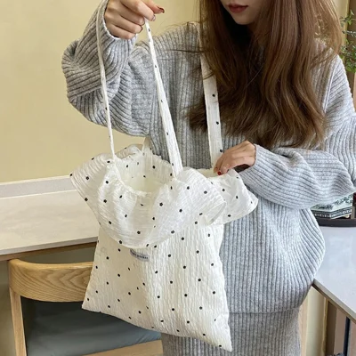 Polka Dot Chiffon Tote Bag with Ruffle Shoulder Handbag for Beach Vacation Travel - White