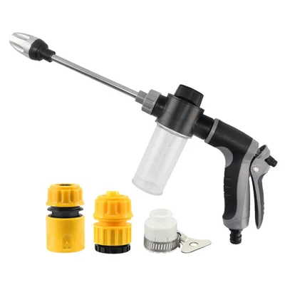 T8 High Pressure Car Wash Gun Kit Metal Extension Handle Garden Hand Sprayer with Foam Dispenser & 3Pcs Plastic Connectors for Auto Garden - Grey