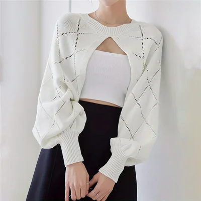 Women Hollow Out Knit Crop Cardigan Sweater Short Lantern Sleeve Top Diamond Pattern Breathable Sweater - S