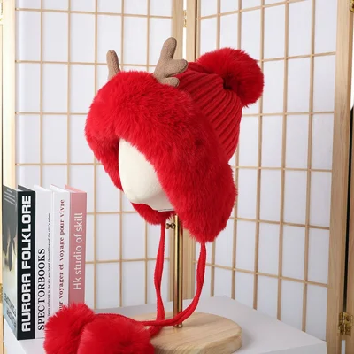 Chapéu de Inverno para Mulher com Orelhas de Veado de Faux Fur Chapéu com Abas Chapéu de Malha Quente de Bola de Pelúcia Chapéu de Natal - Vermelho