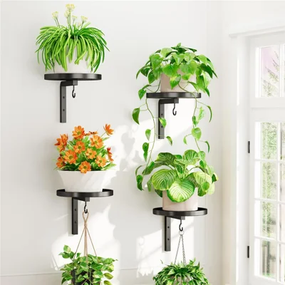 4Pcs Wall-Mounted Plant Stand Metal Hooks Indoor Outdoor Garden Decor Hanging Bracket with Anti-Fall Rim (Without Flowerpot) - Black