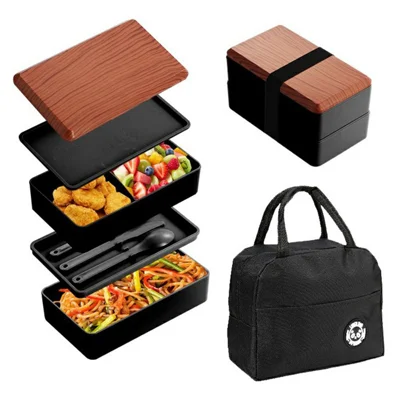 Caixa de Bento para Almoço em Duas Camadas Conjunto Portátil de Preparação de Refeições com Grande Capacidade e Bolsa Isotérmica (Sem BPA, Sem FDA) - Preto