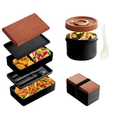Set de Comida de Doble Capa con Cuenco para Sopa, Caja para Almuerzo con Gran Capacidad, Recipiente para Comida para Oficina o Trabajo (sin BPA, sin FDA) - Negro