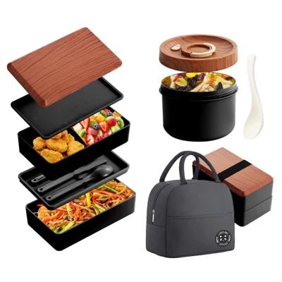 Caixa de Almoço de Dupla Camada com Recipiente para Sopa Conjunto de Preparação de Refeições de Grande Capacidade com Bolsa Isotérmica (Sem BPA, Sem FDA) - Preto